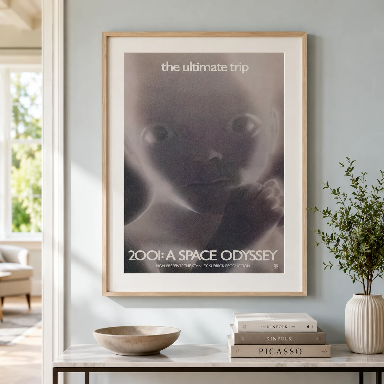Room mockup of 2001: A Space Odyssey Star Child Stanley Kubrick Movie Poster, displayed as framed wall art in a home theater setting as a portrait print with purple and grey tones.