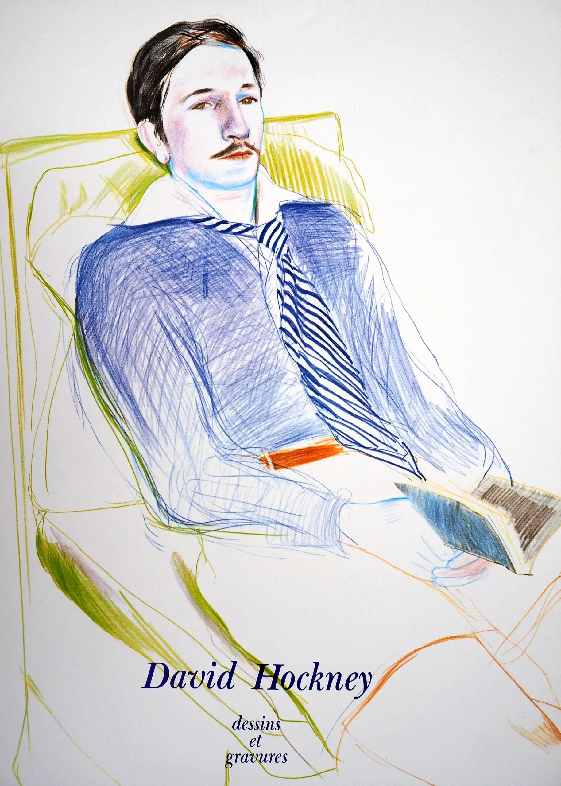 David Hockney Exhibition Poster - Man in Blue Shirt Drawing (Dessins et Gravures)