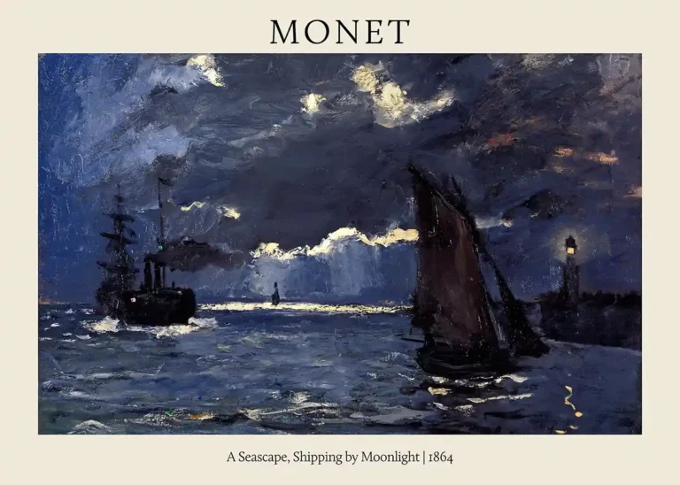 Claude Monet Seascape Shipping — moody nocturnal scene by Claude Monet featuring silhouetted ships and a