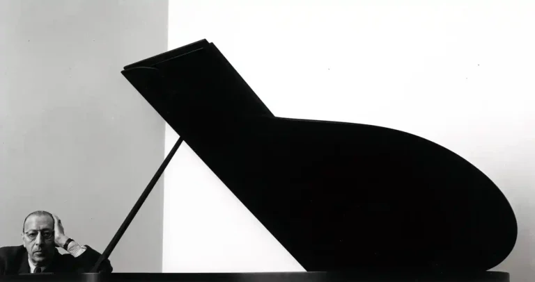 Igor Stravinsky photographic art poster featuring the composer framed by the abstract, geometric shape of a grand piano.
