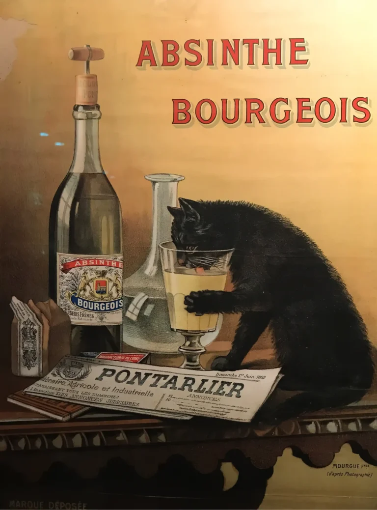 Absinthe Bourgeois 1902 Black — this vintage 1902 French advertisement features a playful black cat