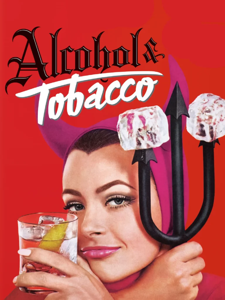 Alcohol Tobacco Devil Woman Advertising — playful retro graphic featuring a woman in a pink devil costume holding