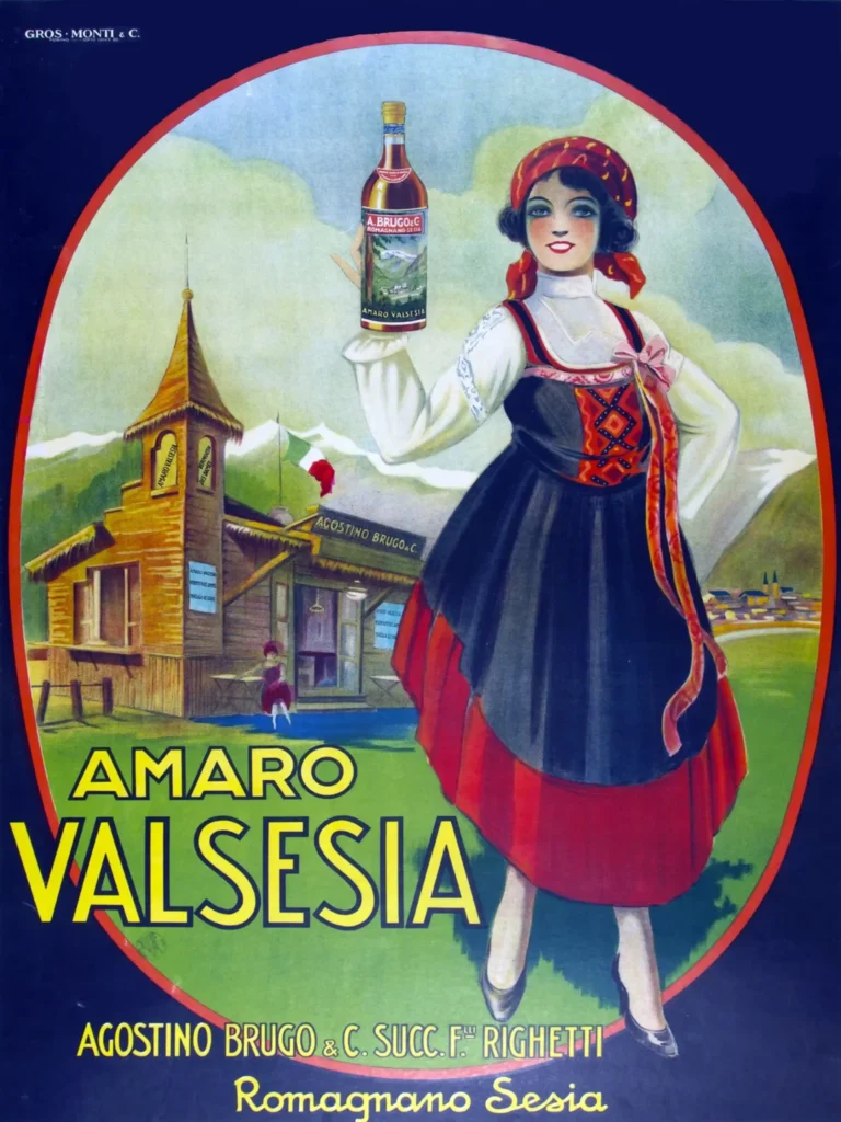 Amaro Valsesia Liqueur Advertisement Advertising — vibrant 1920s Italian advertising print featuring a woman in