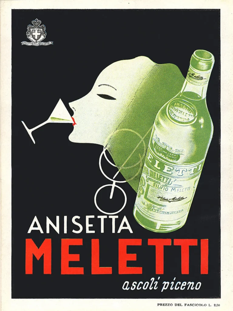 Anisetta Meletti Liqueur Deco Advertising — stylized Art Deco illustration featuring a woman in profile sipping a