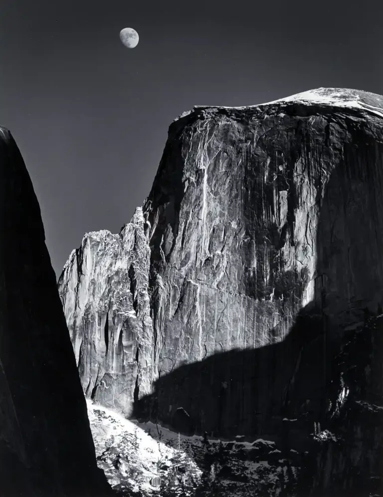 Ansel Adams Art poster featuring the monumental black and white photograph "Moon and Half Dome" in Yosemite National Park, California.