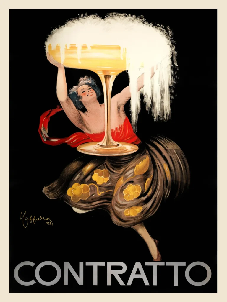 Contratto Champagne Vintage — vibrant Art Deco illustration featuring a joyful woman lifting an