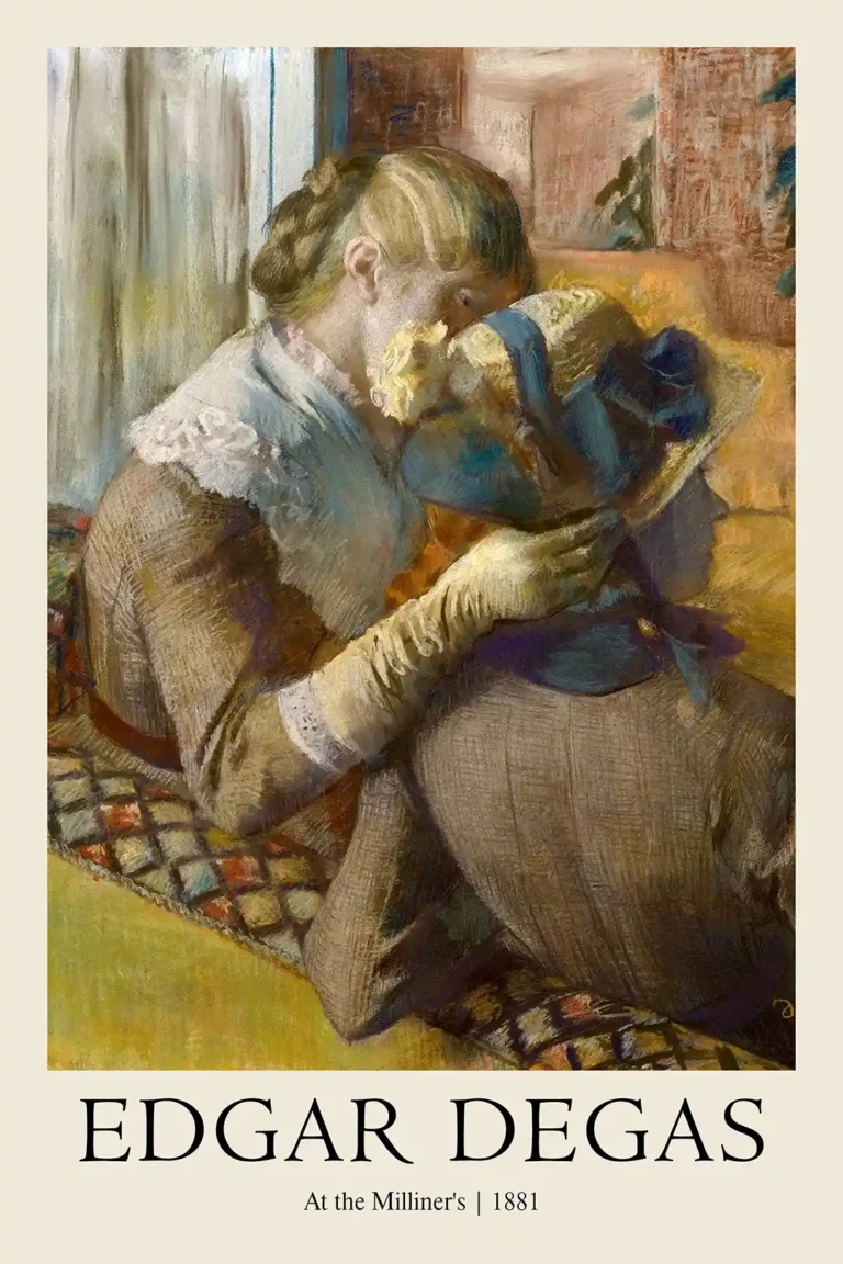Milliner's 1881 Edgar Degas — edgar Degas captures a woman examining a blue-ribboned hat in this 1881