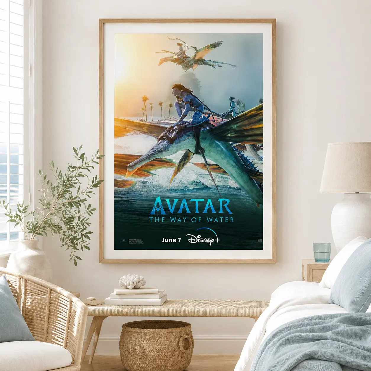 Room mockup of Avatar The Way of Water 2022 Pandora Skimwing Movie Poster, displayed as framed wall art in a home theater setting as a portrait print with teal and gold tones.