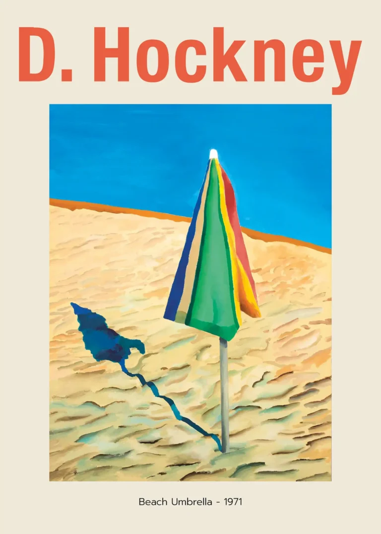 David Hockney Beach Umbrella — vibrant multi-colored striped beach umbrella casts a deep blue shadow