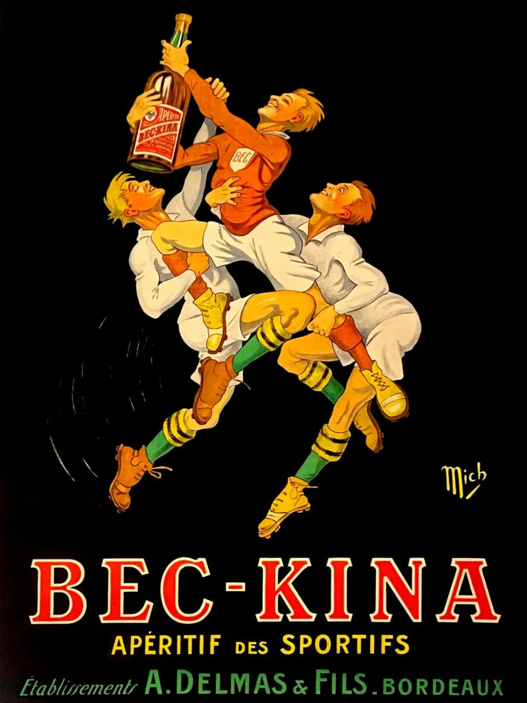 Bec Kina Aperitif Sportifs Advertising — playful Art Deco illustration for Bec-Kina aperitif featuring rugby