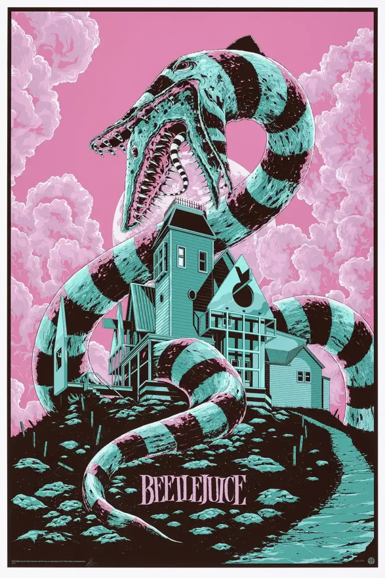 Ken Taylor's Beetlejuice Sandworm Movie Poster - Ghostly Pink & Teal Art Print