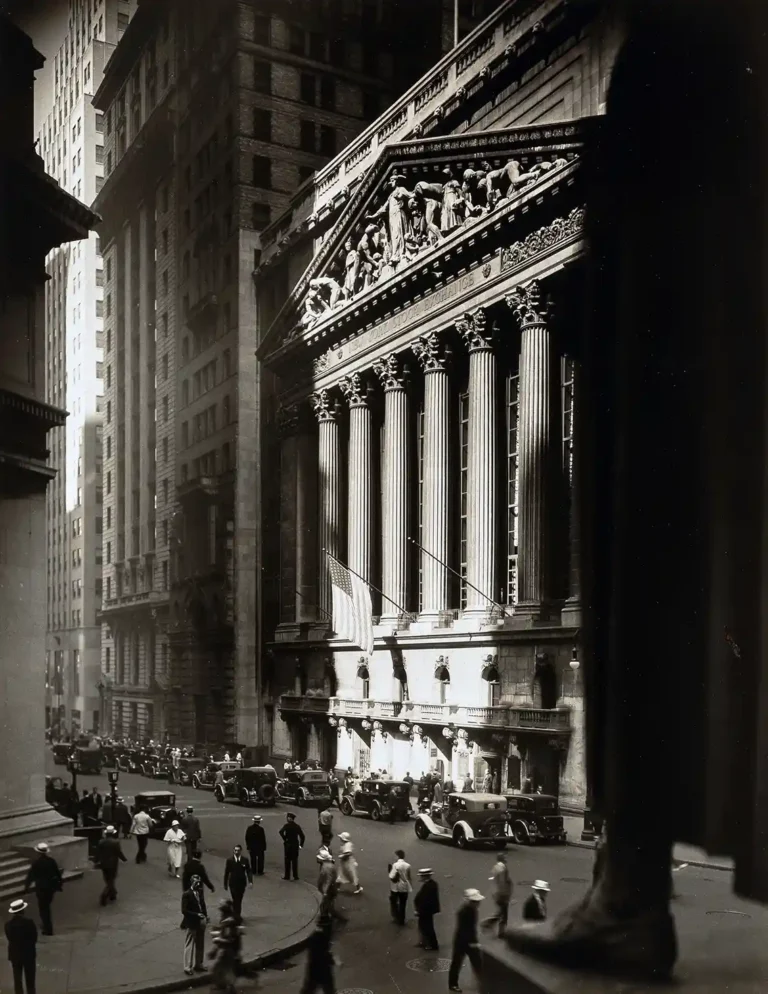 Berenice Abbott Art photography poster featuring the New York Stock Exchange building and a busy 1930s street scene with vintage cars.