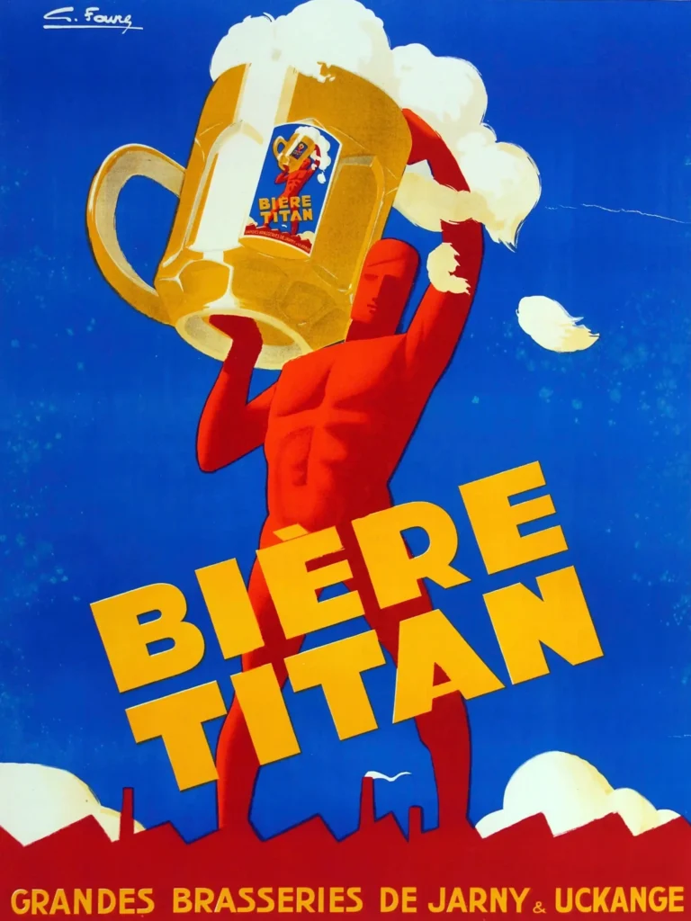 Biere Titan Beer Advertising — this vintage G. Faure French advertising art features a muscular red