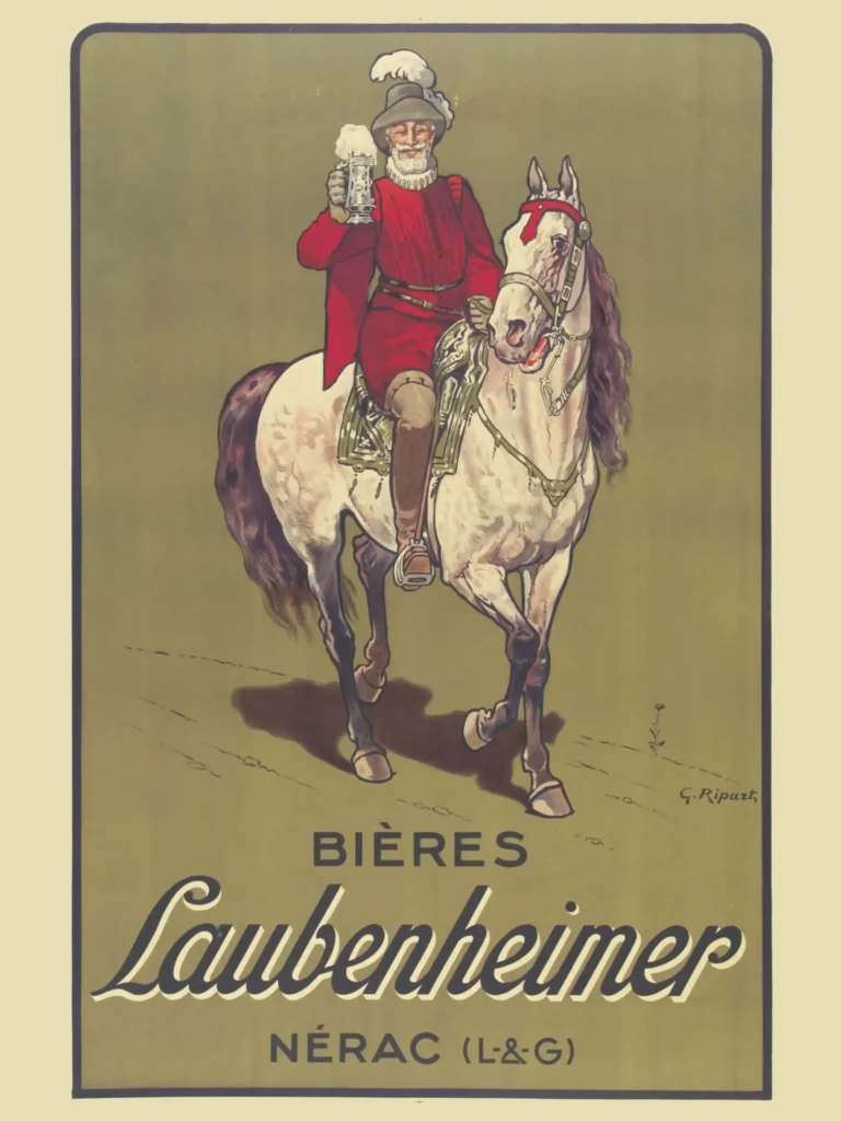 Bieres Laubenheimer Beer Advertising — vintage French beer advertisement featuring a bearded cavalier in a red