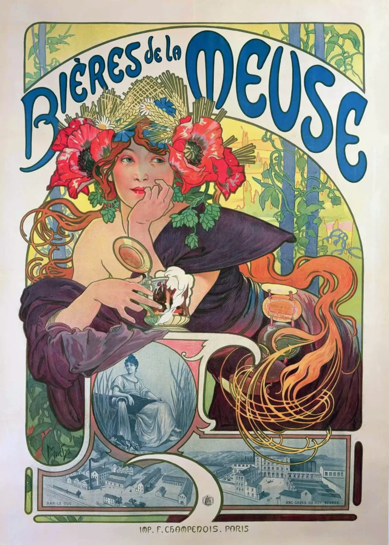 Alphonse Mucha Bieres de — intricate Alphonse Mucha masterpiece featuring a woman with flowing