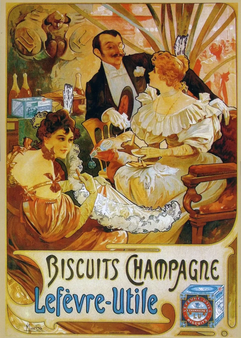 Biscuits Champagne Lefevre Utile Advertising — sophisticated Art Nouveau scene by Alphonse Mucha featuring elegant