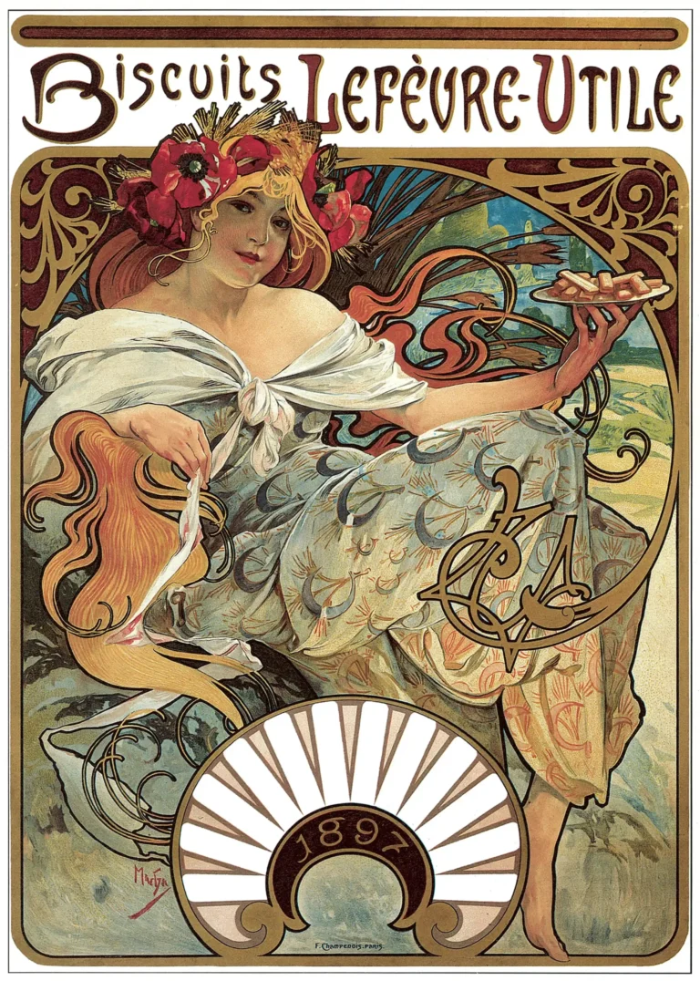 Alphonse Mucha Biscuits Lefèvre-utile — stunning 1897 Alphonse Mucha advertisement featuring a woman with red