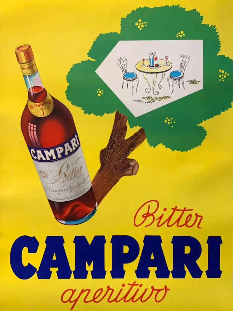 Bitter Campari Aperitivo Advertising — vibrant red Bitter Campari bottle leans against a stylized tree on a
