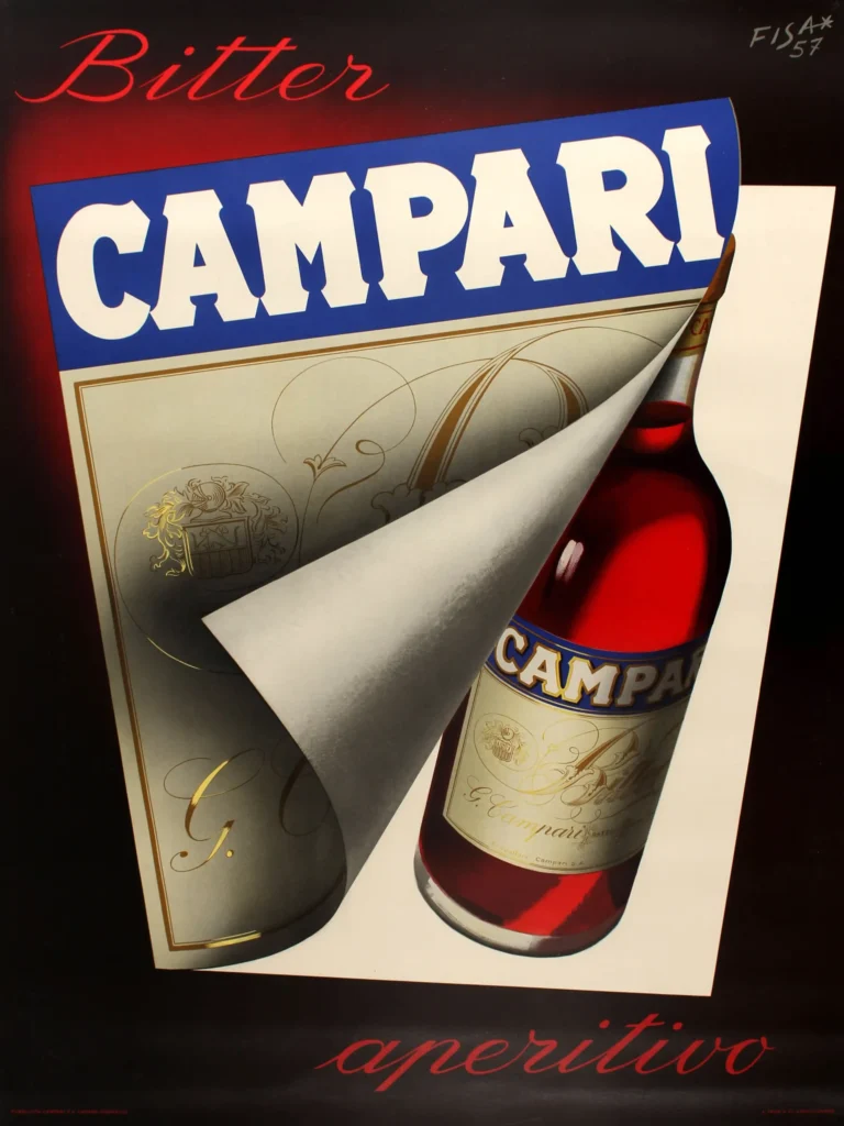 Campari Bitter Aperitivo — 1957 Italian advertising graphic featuring a bold red Campari bottle
