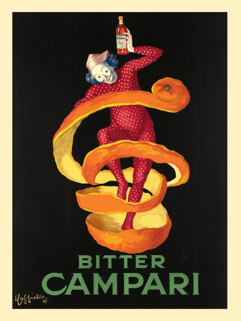 Marcello Nizzoli Bitter Campari — playful red clown wrapped in a spiraling orange peel holds a bottle of