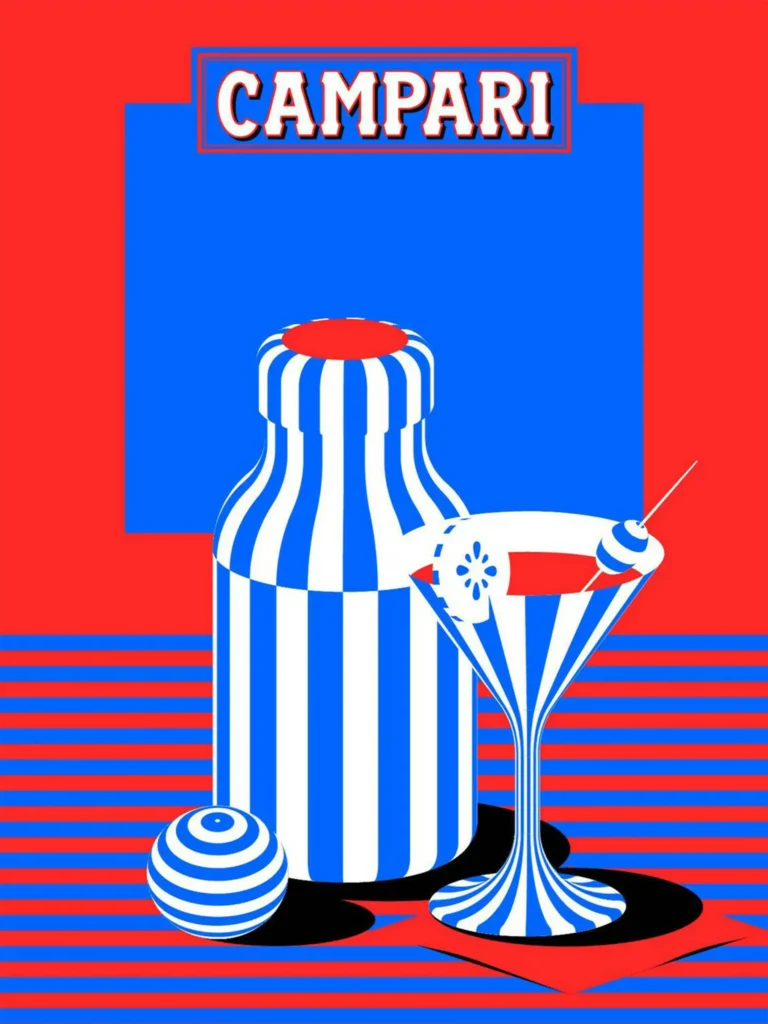 Campari Optical Illusion — vibrant red and blue optical illusion art print featuring a striped