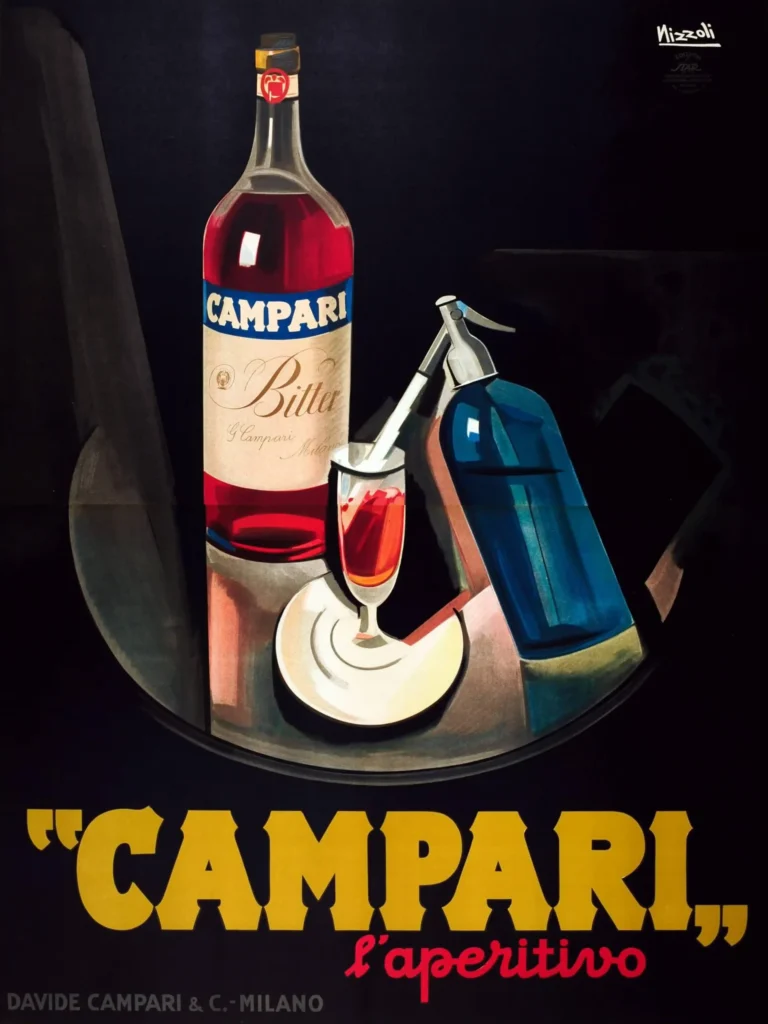 Campari Laperitivo Deco Marcello Advertising — this vintage Italian advertisement features a Campari Bitter bottle, a