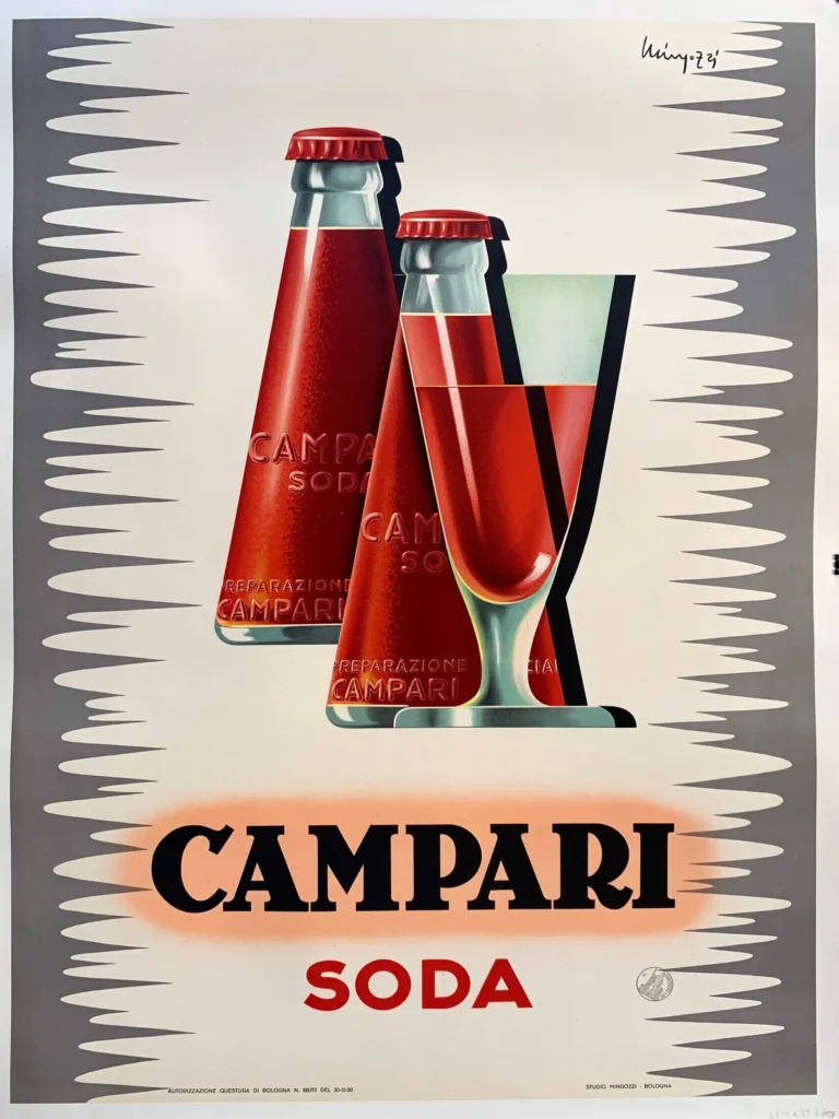Campari Soda Mingozzi Advertising — retro Italian aperitif poster featuring two vibrant red Campari Soda