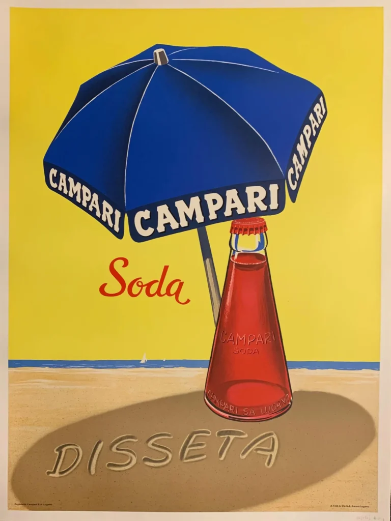 Campari Soda Dissenta Summer Advertising — retro Italian advertising art featuring a red Campari Soda bottle under