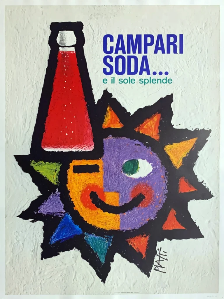 Campari Soda Sole Splende Advertising — features a vibrant, multi-colored smiling sun face alongside a red