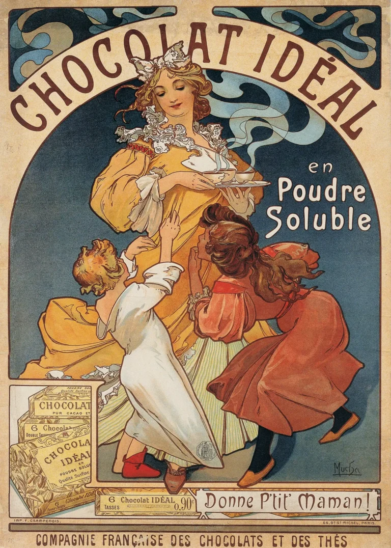 Alphonse Mucha Chocolat Ideal — classic Alphonse Mucha illustration featuring a woman in a yellow gown