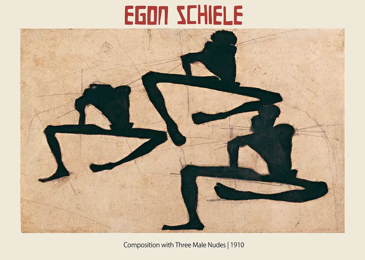 Egon Schiele - Composition with Three Male Nudes (1910) Expressionist Art Poster