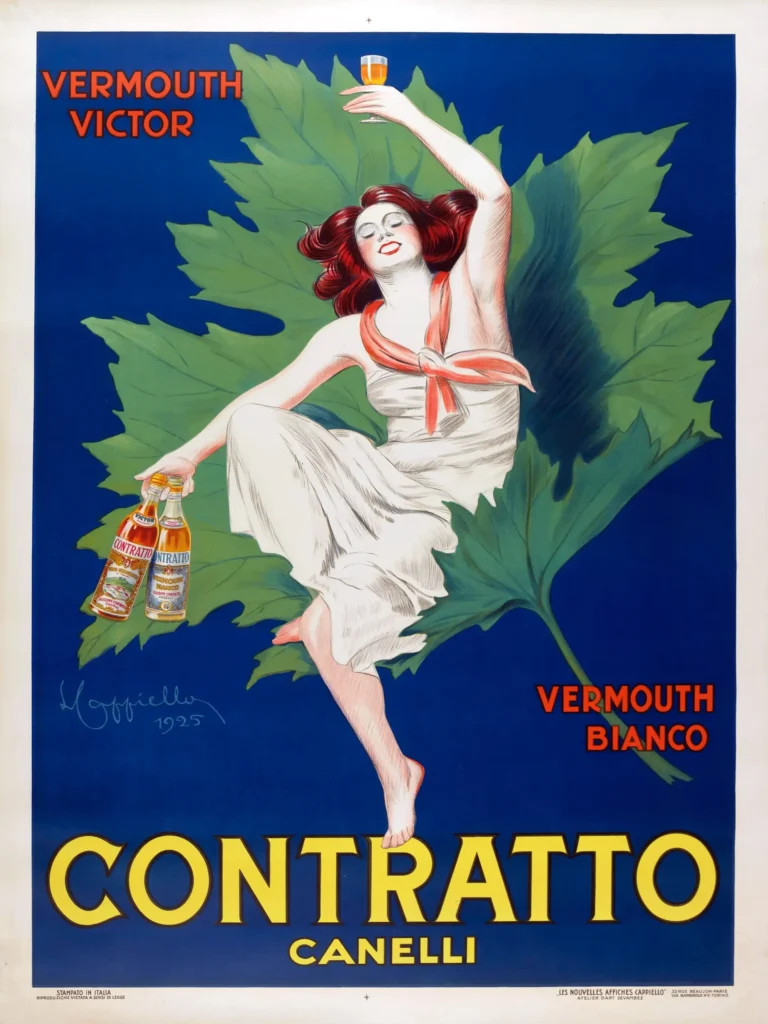 Contratto Canelli Vermouth Leonetto Advertising — woman with auburn hair rests on a giant green leaf while holding