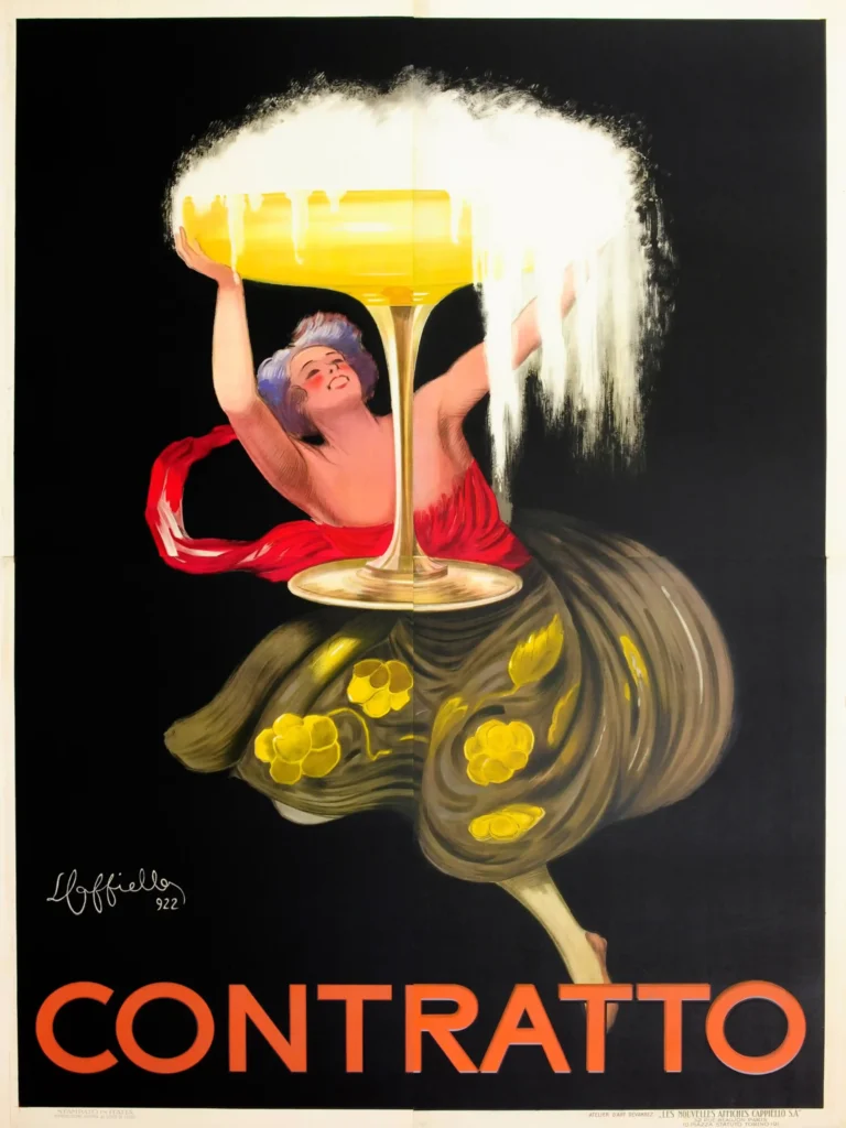 Contratto Champagne 1922 Leonetto — joyful woman in a red dress and floral skirt lifts a massive, frothing
