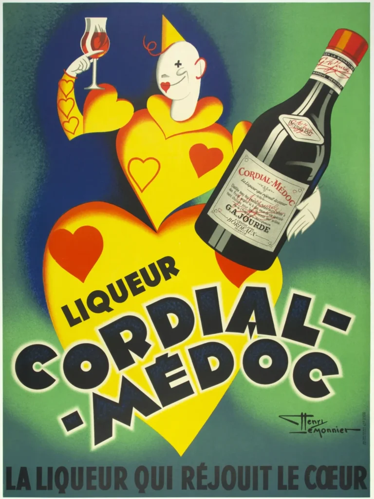 Cordial Medoc Liqueur Deco Advertising — whimsical pierrot figure with heart-shaped clothing holds a bottle of