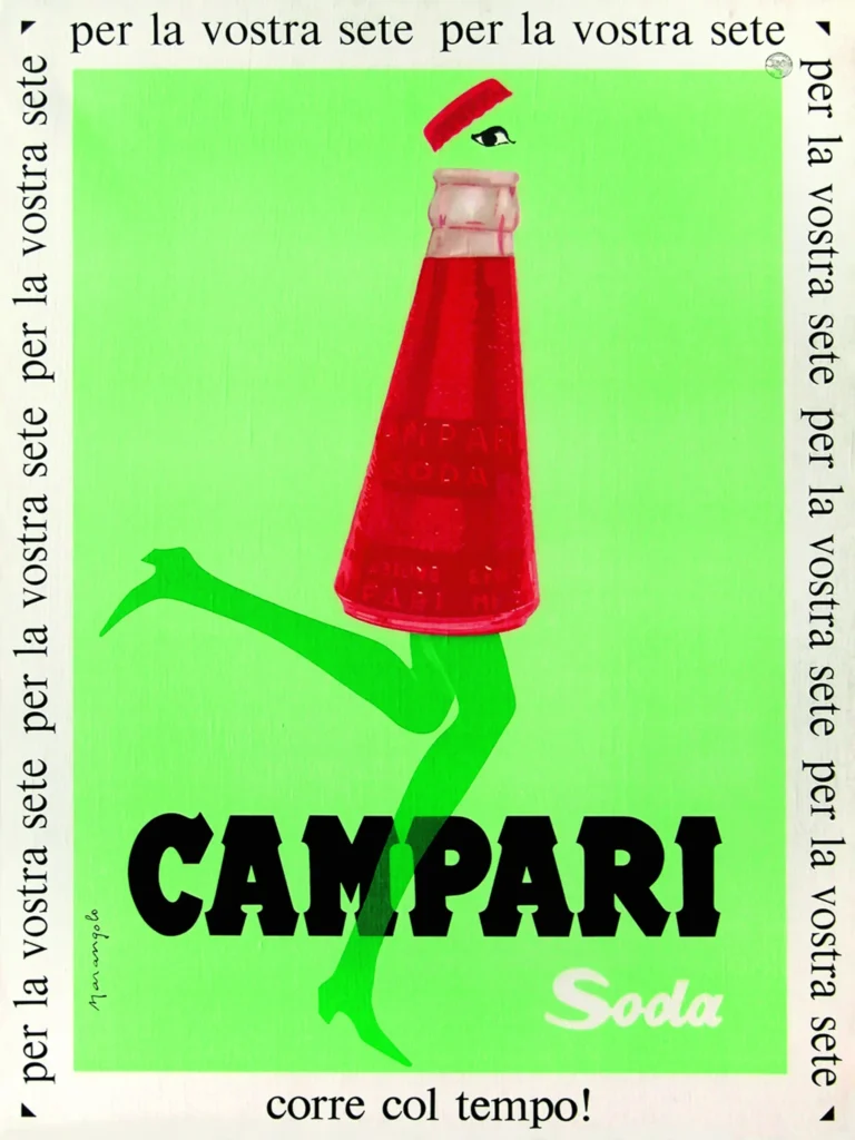 Campari Soda Corre Col — vibrant red Campari Soda bottle with playful green legs and a red cap