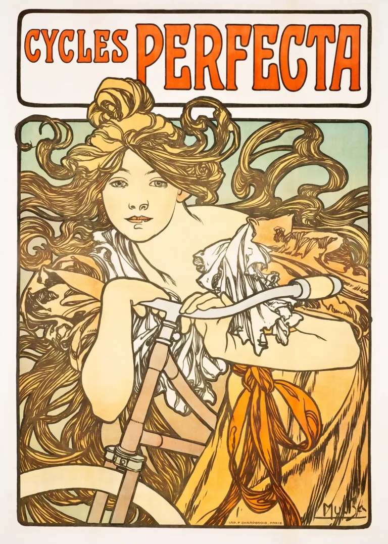 Alphonse Mucha Cycles Perfecta — woman with cascading golden hair leans gracefully over a vintage