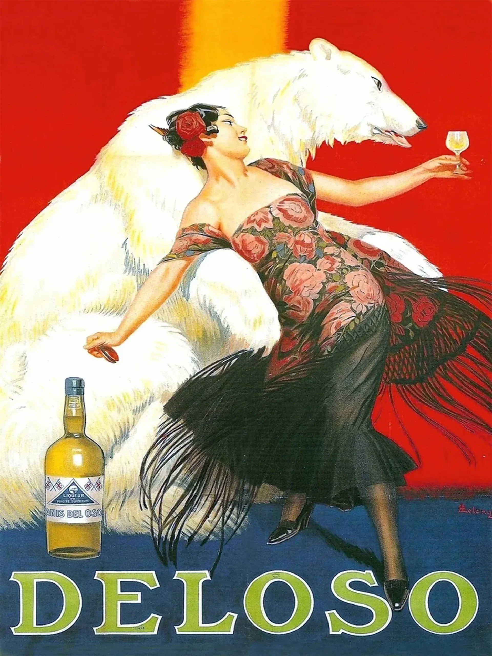 Vintage Deloso Anis Del Oso Liqueur Poster - Art Deco Woman and Polar Bear Ad