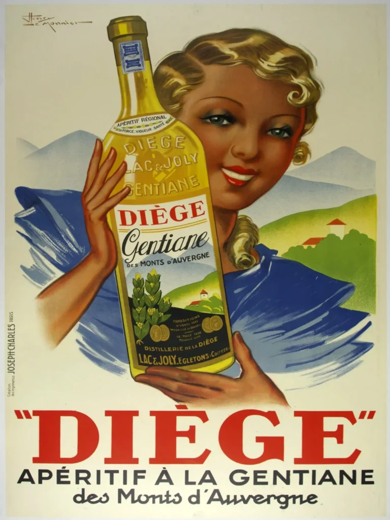 Diege Gentiane Aperitif Advertising — blonde woman in a blue dress holds a large bottle of Diege Gentiane