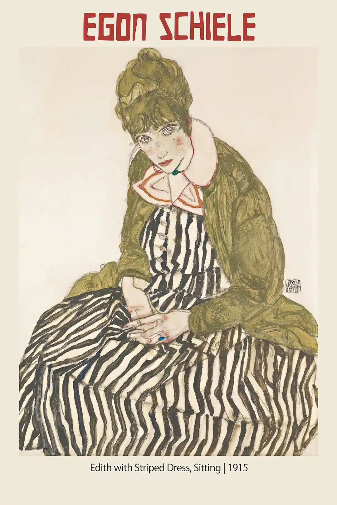Egon Schiele Poster: Edith with Striped Dress, Sitting (1915) - Expressionist Art Print