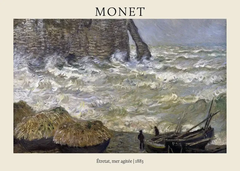 Claude Monet Étretat Rough — evocative 1883 Claude Monet painting featuring the dramatic limestone