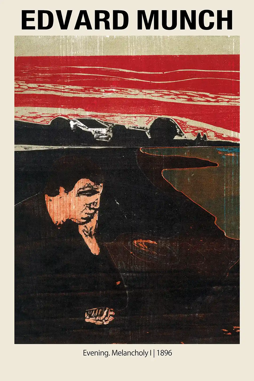 Edvard Munch "Evening. Melancholy I" (1896) Woodcut Print Poster | Expressionist Art Decor