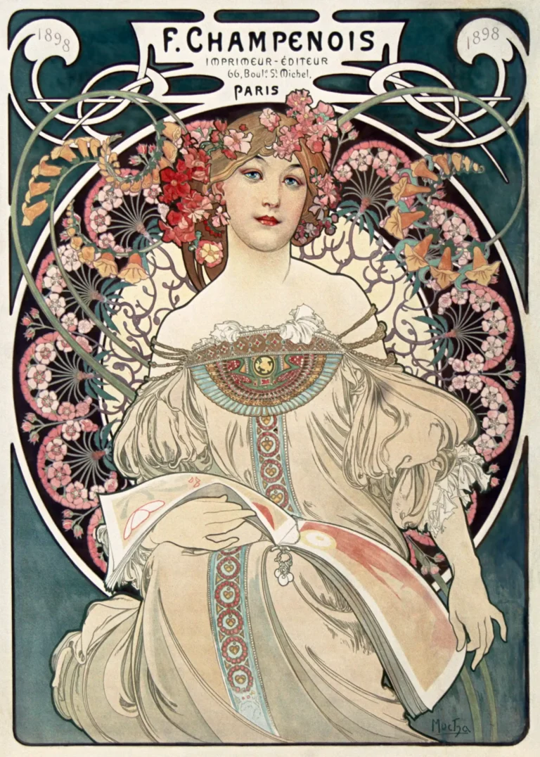 Alphonse Mucha F. Champenois — serene woman with a crown of flowers sits amidst intricate floral
