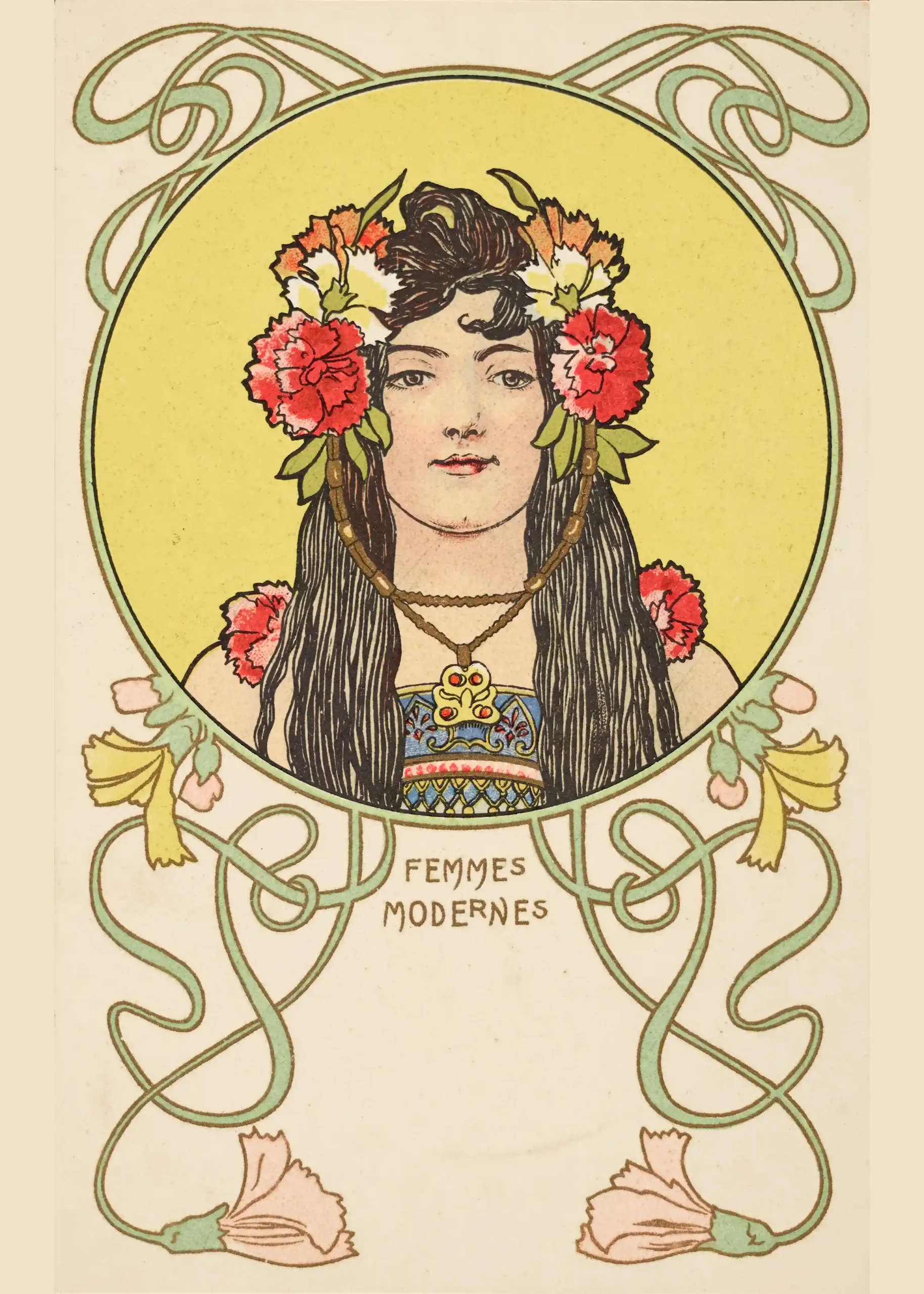 Femmes Modernes Art Nouveau Poster - Vintage French Woman & Floral Print