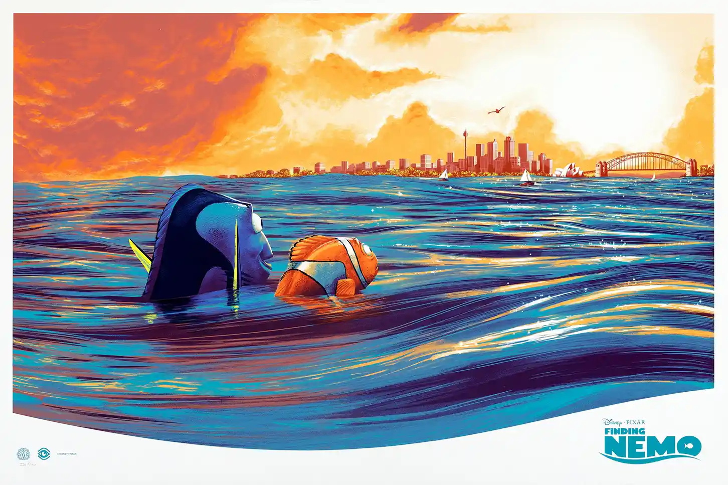 Finding Nemo Mondo Poster - Dory & Nemo at Sydney Harbour Sunset Art Print