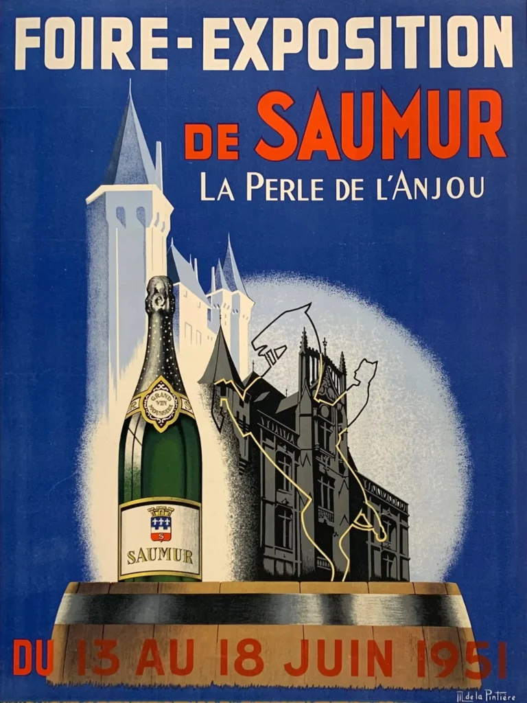 Saumur Fair Anjou Wine Advertising — 1951 French advertising poster featuring a Saumur wine bottle on a