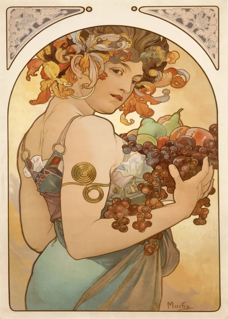 Mucha — lush Art Nouveau illustration of a woman holding a harvest of grapes