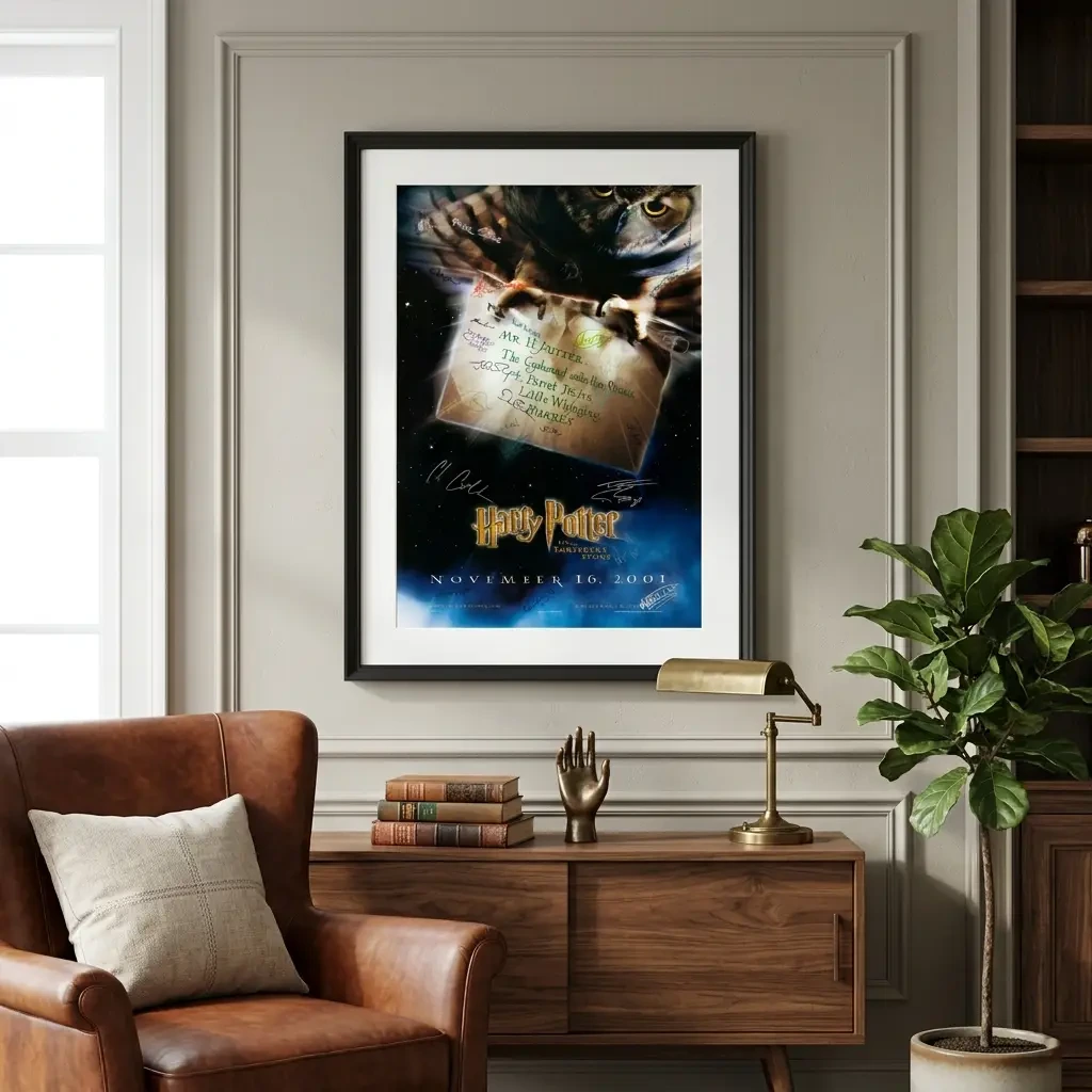 Room mockup of Harry Potter and the Sorcerer's Stone Movie Poster, displayed as framed wall art in a home theater setting as a portrait print with blue and green tones.