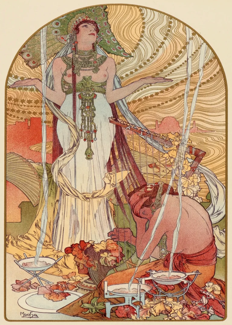 Alphonse Mucha Incantation Salammbo — mystical Art Nouveau scene featuring an ornate female figure and a