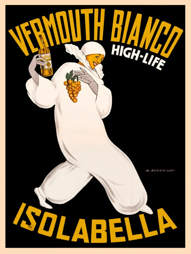 Isolabella Vermouth Bianco High — this Marcello Dudovich art print features a white-clad figure holding a