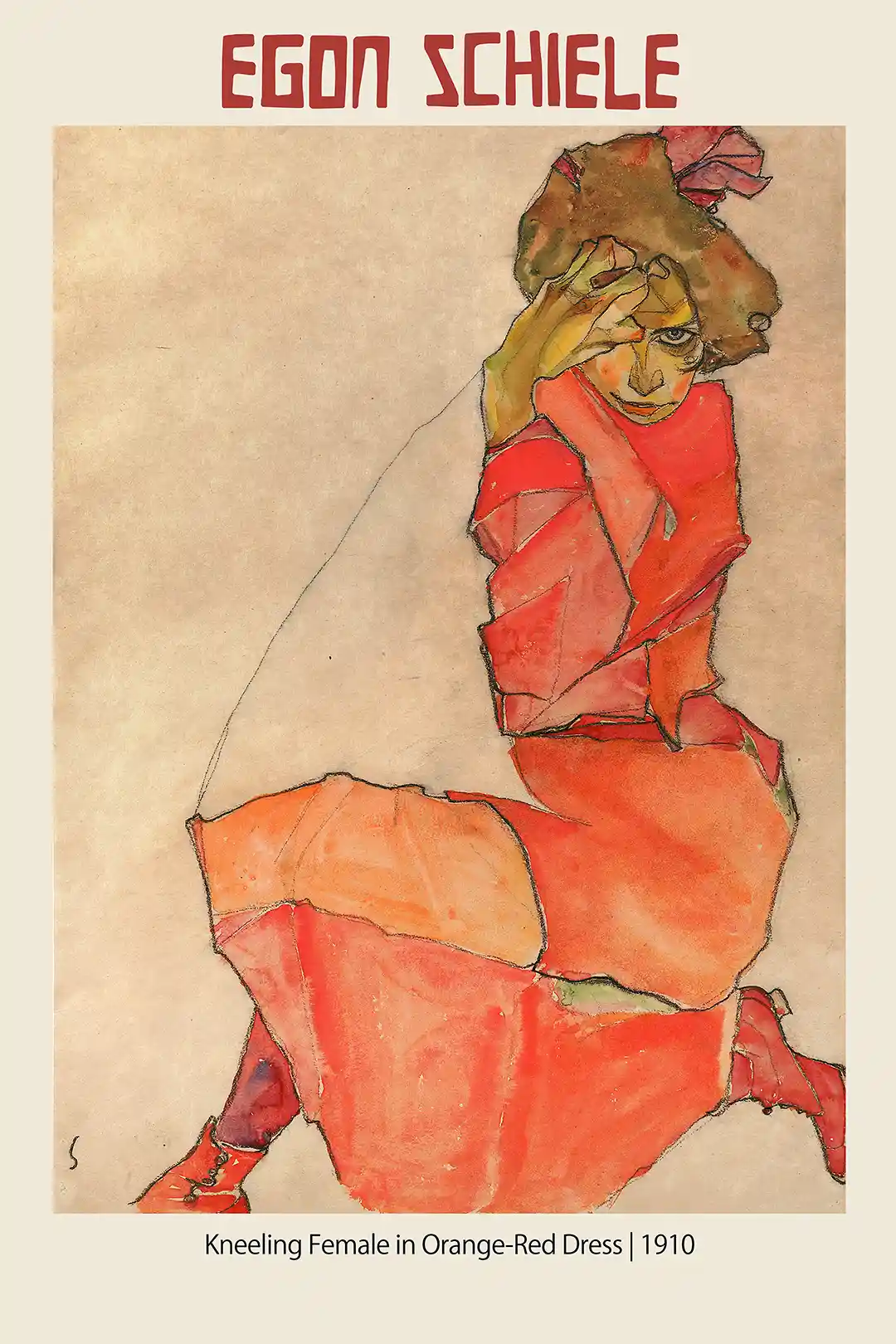 Egon Schiele Poster: Kneeling Female in Orange-Red Dress (1910) Expressionist Art Print